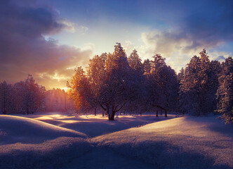Sunrise in the forest. Winter. 