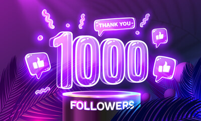 Thank you 1000 followers, peoples online social group, happy banner celebrate, Vector - obrazy, fototapety, plakaty