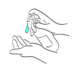 line art closeup hand using alcohol wash gel for cleaning sanitize gel pump dispenser illustration vector hand drawn isolated on white background