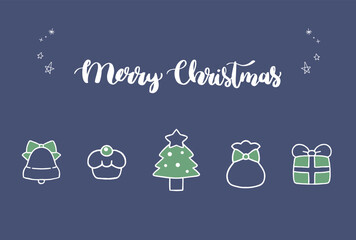クリスマス　手書きベクターイラスト、シンプル　メッセージカードテンプレート、ネイビー　