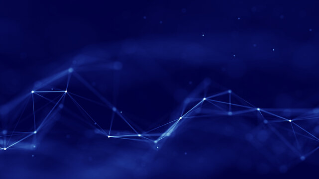 Connection concepts The Internet network comes from a polygonal connection using dots and lines, consisting of a dark blue background with space above it.