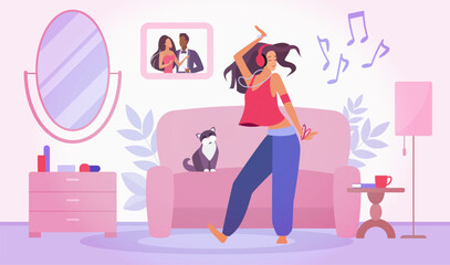 Happy dance and movement of woman at home vector illustration. Cartoon cute scene with girl listening to fun song or music with headphones, enjoying and dancing, funny cat sitting on sofa background