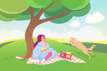 Obraz na płótnie Canvas Outdoor picnic at weekend vector illustration. Cartoon happy leisure scene with girl wrapped in warm blanket sitting on mat on green lawn grass under tree, dog playing with butterfly background