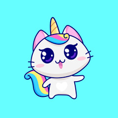 Cute Kitten Unicorn or Caticorn - kawaii style vector illustration. Baby Cat Unicorn cartoon character isolated on white. Kids tee print design
