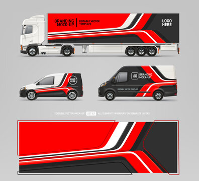 Company Van, Car, Truck vector mockup set with wrap design for branding and corporate identity. Abstract graphics of red and black stripes for business background. Wrap design. Branding vehicle
