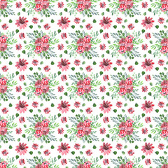 Watercolor seamless pattern with spring flowering plants. Red flowers, branches and leaves