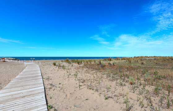 wooden walkway leading down to the crossing the sandy beach