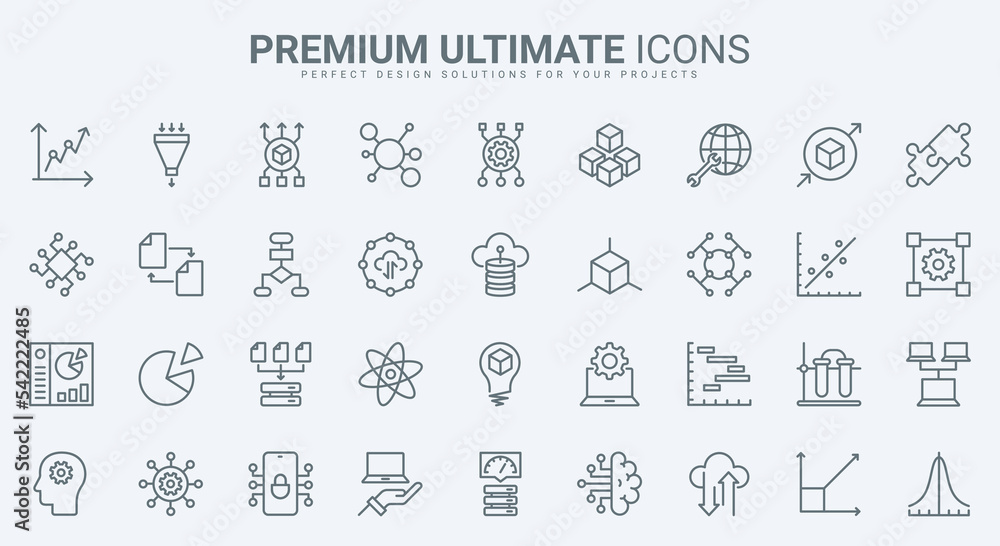 Poster Data report and science model research, deep analysis with AI thin line icons set vector illustration. Abstract outline machine learning, probability calculation, algorithms and system prediction