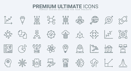 Data report and science model research, deep analysis with AI thin line icons set vector illustration. Abstract outline machine learning, probability calculation, algorithms and system prediction