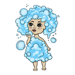 Kid in bath foam - little girl in soap bubbles. Colorful vector cartoon illustration. Design for children bath cosmetics