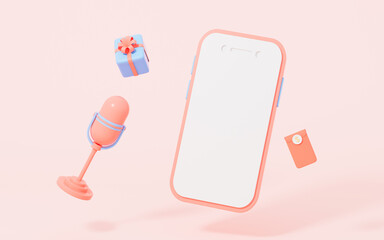 Live streaming with mobile phone on the pink background, 3d rendering.