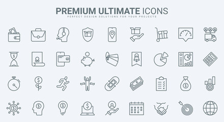 Fototapeta premium Economy, finance and money thin line icons set vector illustration. Abstract outline electronic wallet, piggy bank and currency flow, handshake and payment, shopping delivery protection in mobile app