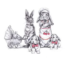 Family of rabbits on  walk graphic isolated on  white background.Illustration with  simple pencil.