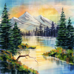 painting of a fantasy mountain landscape with a lake