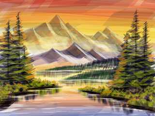 painting of a fantasy mountain landscape with a lake