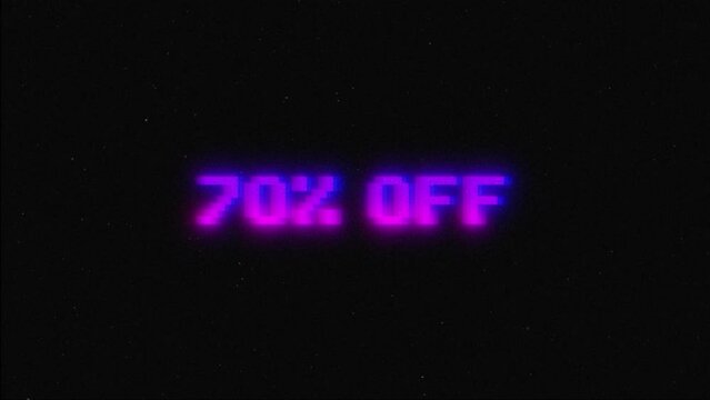 70 percent off discount sale, neon glitch banner on black background. Promotion sale discount glowing message.