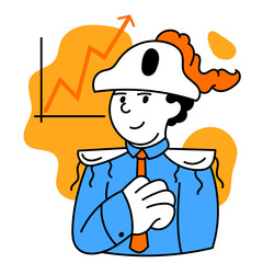 Leader and conqueror. Vector illustration with young ambitious smart manager in different business processes. Business, finance, minimalism, team, management and target