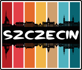 Szczecin Poland Skyline Sunset Travel Souvenir Sticker Logo Badge Stamp Emblem Coat of Arms Vector Illustration EPS - obrazy, fototapety, plakaty