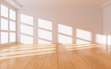 Empty room with wooden floor, Interior geometry scene, 3d rendering.