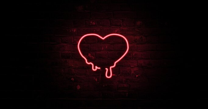 Heart shaped pink neon light on brick wall. 3d render.
