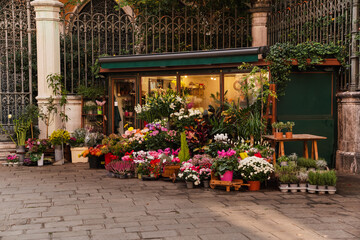 Fototapeta na wymiar flower kiosk business in Venice, Italy