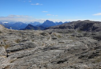 dolomites and italian alps mountains from peak of mount Rosetta Above the town of San martino di Castrozza