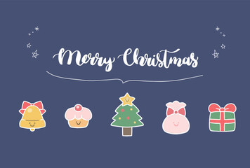 クリスマス　手書きベクターイラスト、可愛い　メッセージカードテンプレート、ネイビー