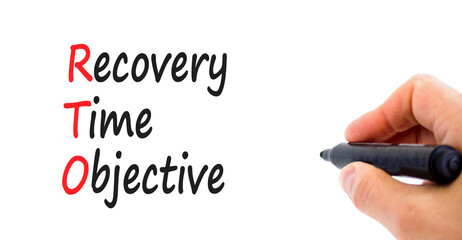 RTO recovery time objective symbol. Concept words RTO recovery time objective on a beautiful white background. Businessman hand. Light bulb. Business RTO recovery time objective concept. Copy space.