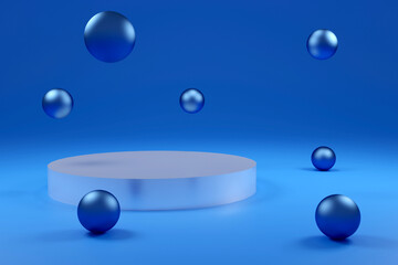 Column podiums in bright blue color. Mock up scene to show products. Showcase, shopfront, display case. 3d render.