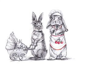 Mother rabbit with  stroller and father on  walk graphic isolated on a white background.Illustration with  simple pencil.