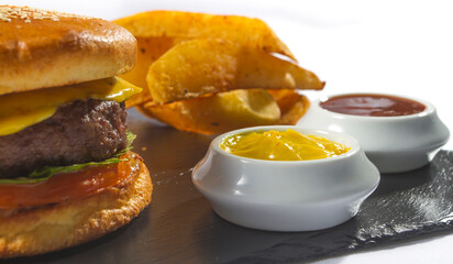 Burger with fries mustard,  tasty food
