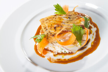 Grilled salmon steak with vegetables