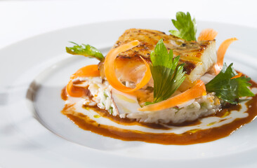 Grilled salmon steak with vegetables