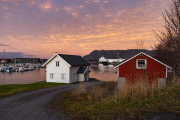 Fototapeta na wymiar Sunset in Salhus marina and seahouse, Brønnøysund, Norway, Europe