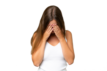 Young pretty woman over isolated background with tired and sick expression