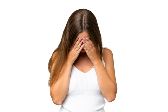 Young pretty woman over isolated background with tired and sick expression