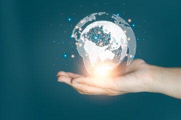 businessman holding Global network connection. Big data analytics and business intelligence concept. World map point and line composition concept of global business. Digital link tech.