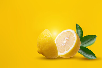 Sliced lemon fruit isolated on yellow background