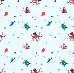 Watercolor pattern. Cartoon collection of underwater world with sea turtle, jellyfish and octopus on blue background