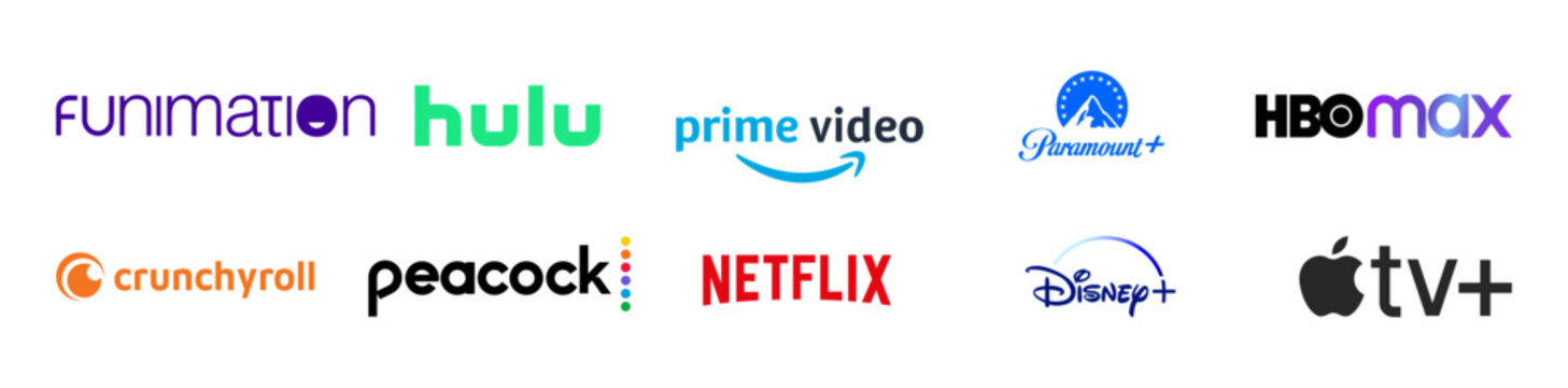 Rivne - October 30 2022. Top world online streaming service platforms logo set. Netflix, Apple TV. HBO Max, Disney+, Paramount+, Amazon prime video, Hulu, Peacock, Crunchyroll, Funimation