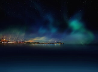Obraz na płótnie Canvas Night city blurred light on horizon at sea blue water wave and Aurora borealis on starry sky