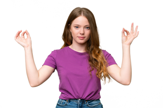 Young pretty woman over isolated background in zen pose