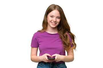 Fototapeta premium Young pretty woman over isolated background sending a message with the mobile