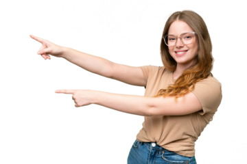 Young pretty woman over isolated background pointing finger to the side and presenting a product