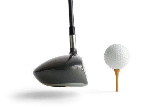 Golf Driver Club and Ball on the Brown Wooden Tee isolated on white background clipping paths