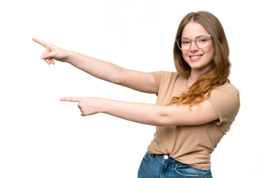 Young pretty woman over isolated background pointing finger to the side and presenting a product