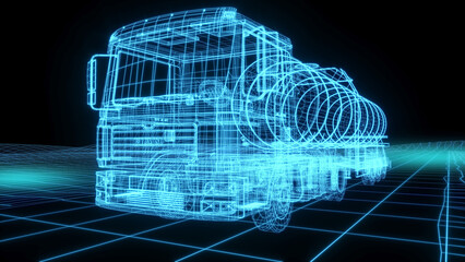 3D rendering illustration Oil truck blueprint glowing neon hologram futuristic show technology security for premium product business finance transportation 