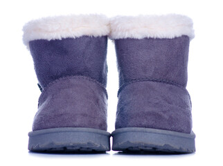 Gray children's warm winter boots on white background isolation