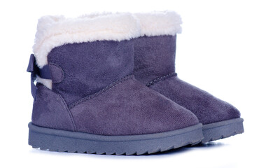 Gray children's warm winter boots on white background isolation