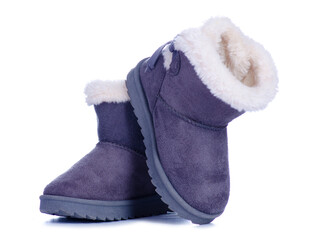 Gray children's warm winter boots on white background isolation